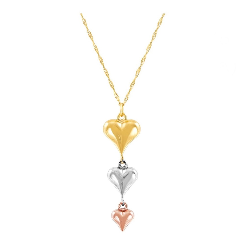 10K Yellow, White and Pink Gold Puffed Heart Necklace, 18".